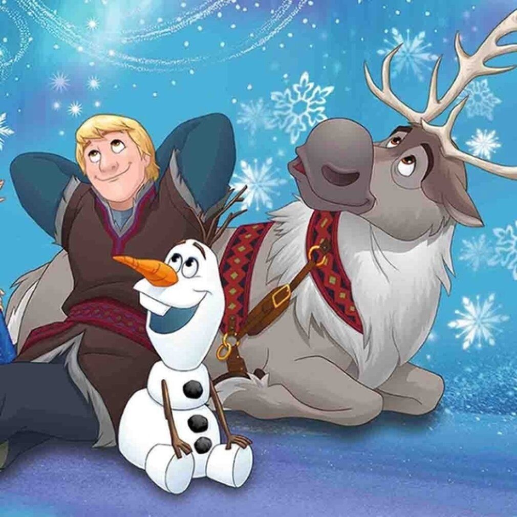 Dettaglio di un puzzle Disney Frozen. Kristoff, Olaf e Sven. Fiocchi di neve e sfondo innevato.