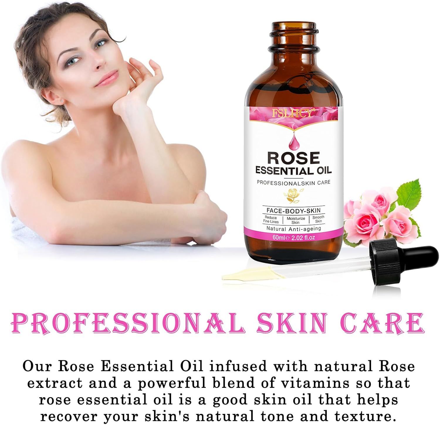 Flacone di vetro marrone con siero e contagocce. Scritta: Rose Essential Oil. Testo sulla cura della pelle.