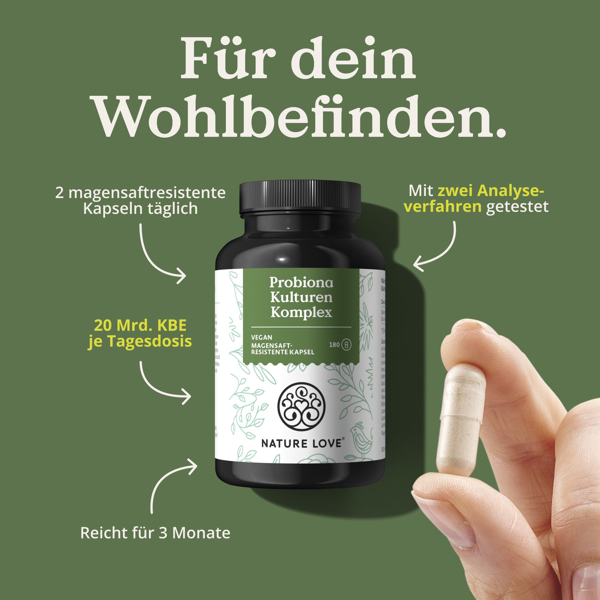 Flacone e capsula in mano. Testo: 2 capsule gastroresistenti al giorno, 20 Mrd. KBE per dose giornaliera, dura 3 mesi.