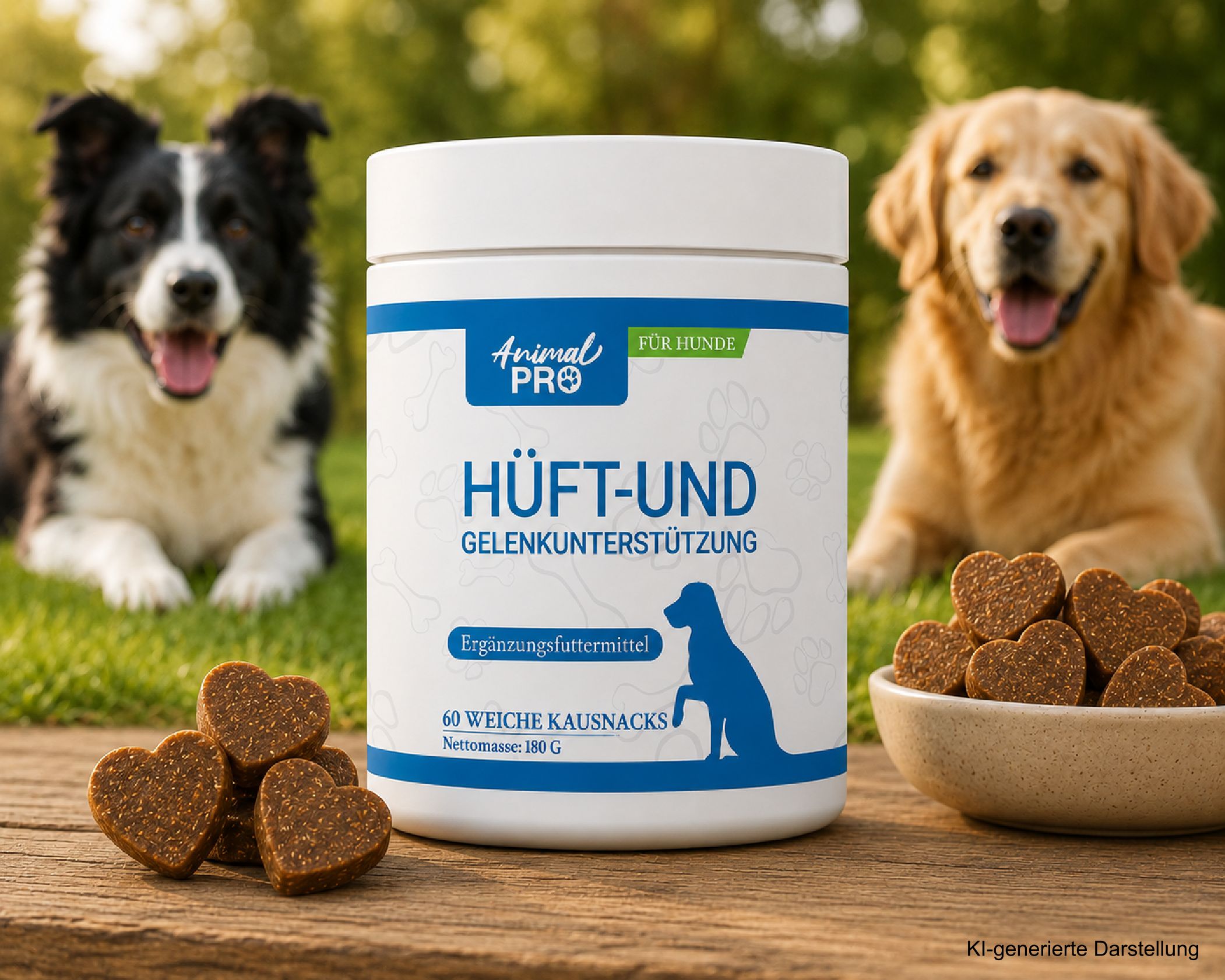 Cani con prodotto di supporto articolare, snack a forma di cuore su superficie in legno, all'aperto.
