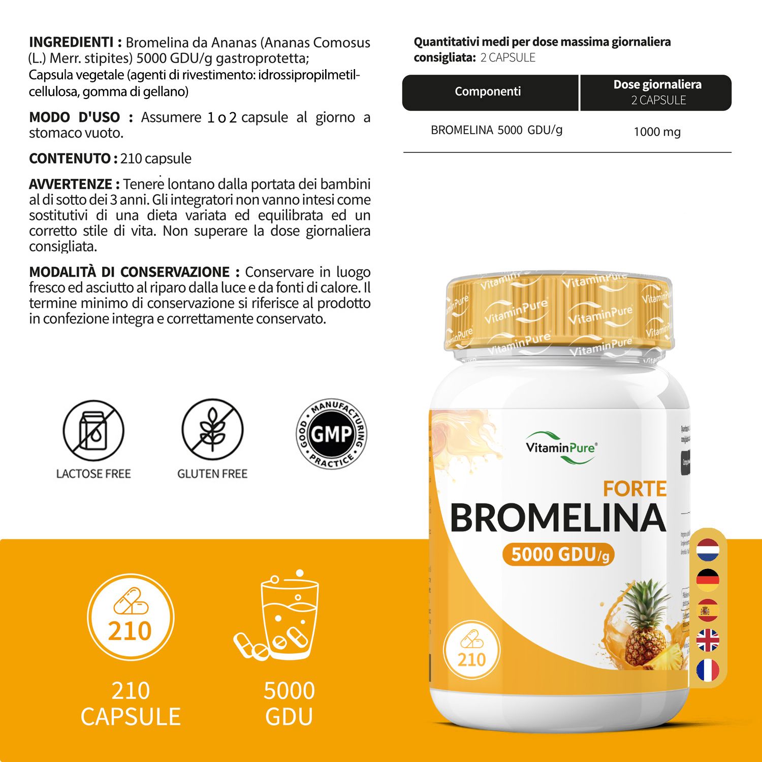 Flacone di Bromelina 5000 GDU. Testo: 210 capsule. Ingredienti e istruzioni. Certificazione GMP.