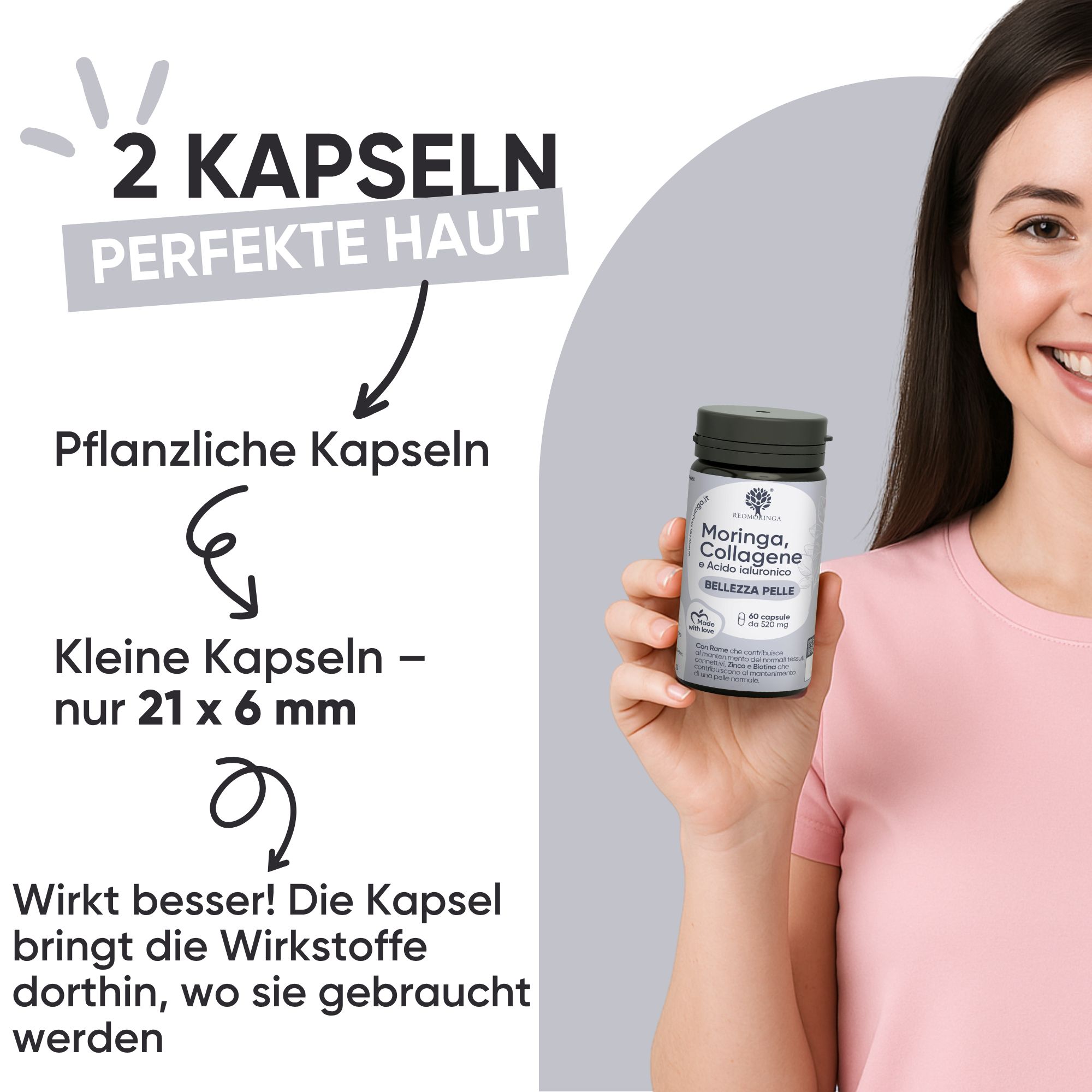 Donna tiene flacone RedMoringa Collagene Ialuronico. Testo: 2 capsule pelle perfetta, capsule vegetali, 21x6mm.