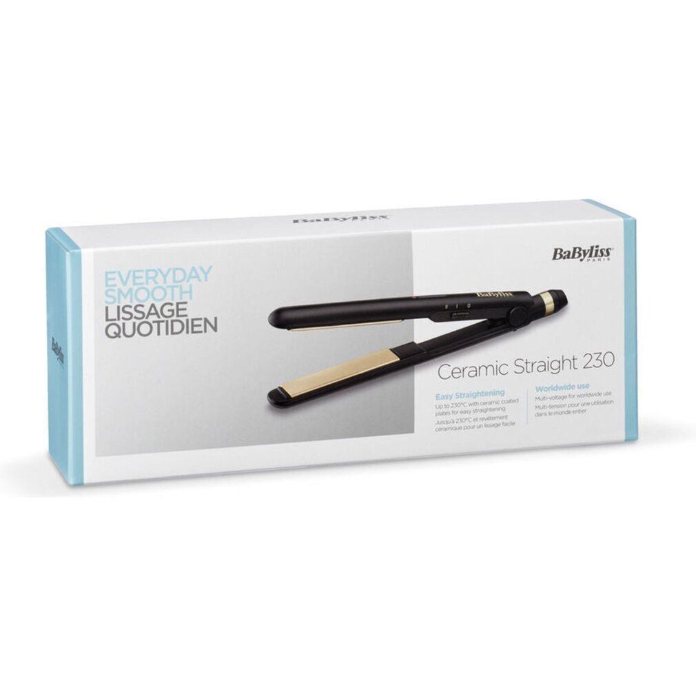 Confezione per piastra per capelli. Scritta: Everyday Smooth, Ceramic Straight 230. Marchio Babyliss.