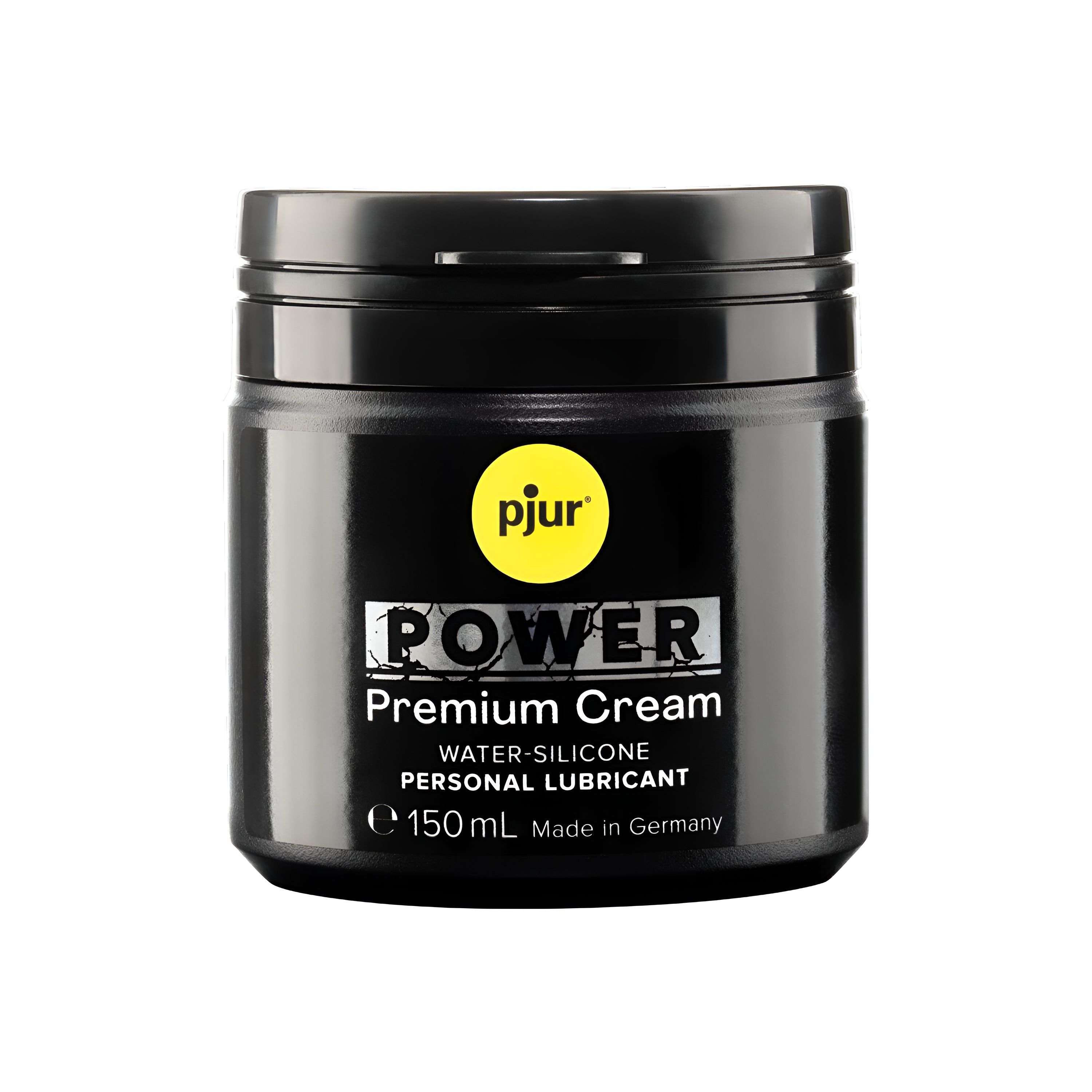 Vaso nero con coperchio nero. Scritta: pjur POWER Premium Cream, 150 ml. Acqua-silicone.
