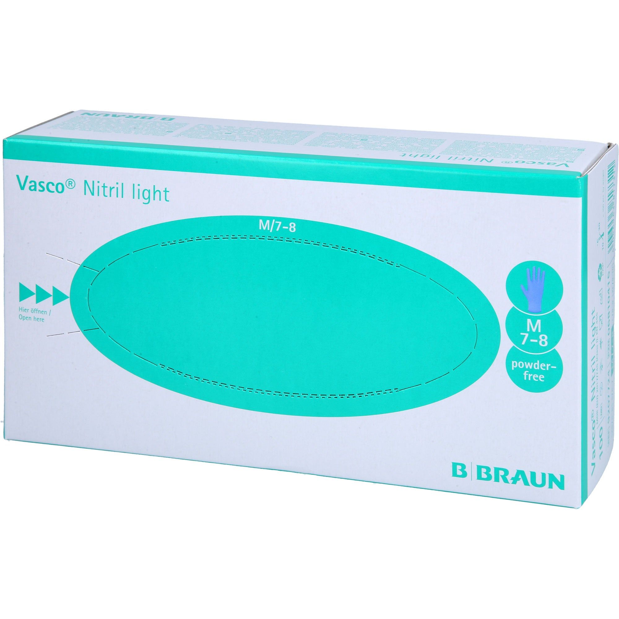 Confezione guanti da esame B. Braun Vasco Nitril light, taglia M/7-8, senza polvere.