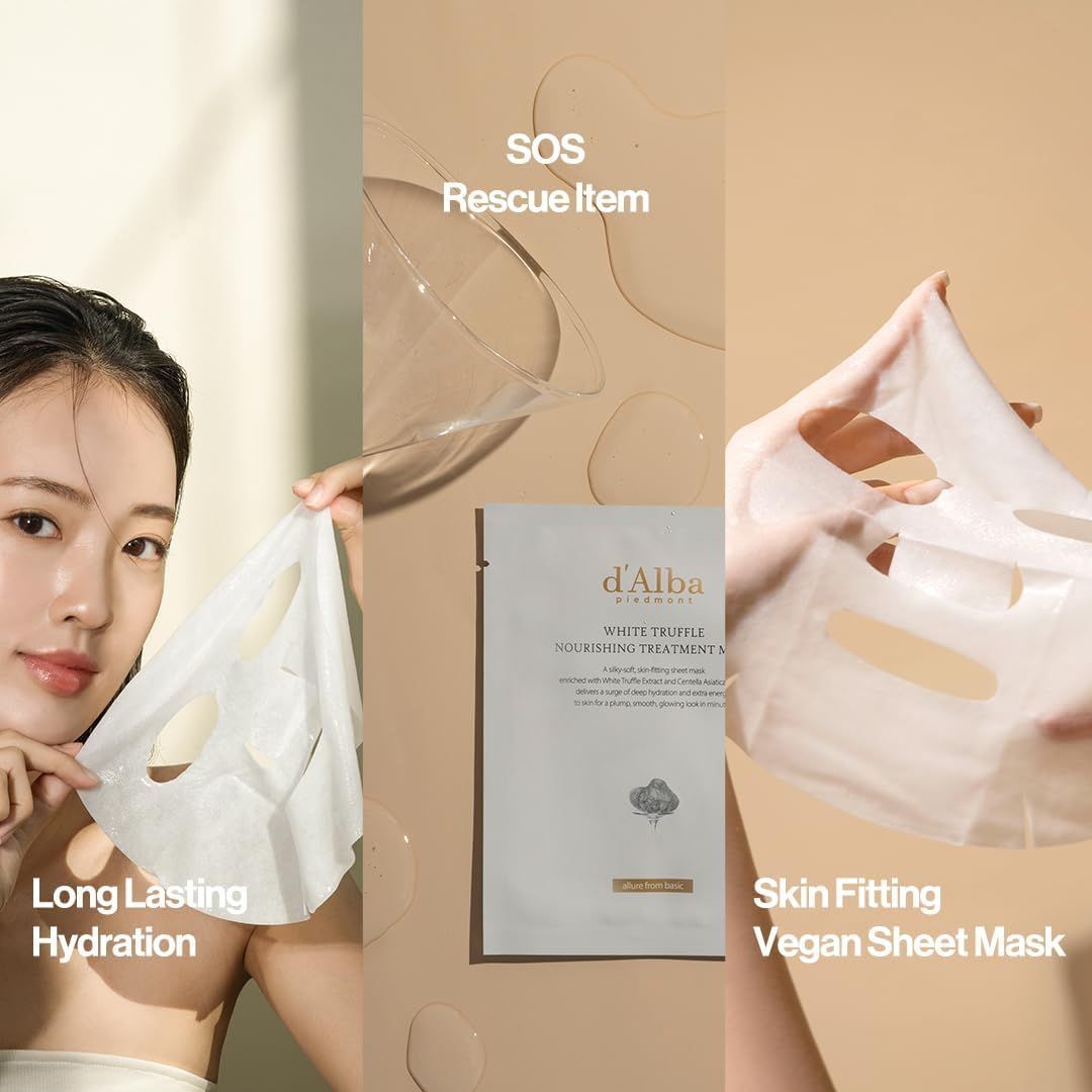 d'Alba White Truffle Mask. Maschera, confezione e donna con maschera. Testo: Skin Fitting Vegan Sheet Mask.