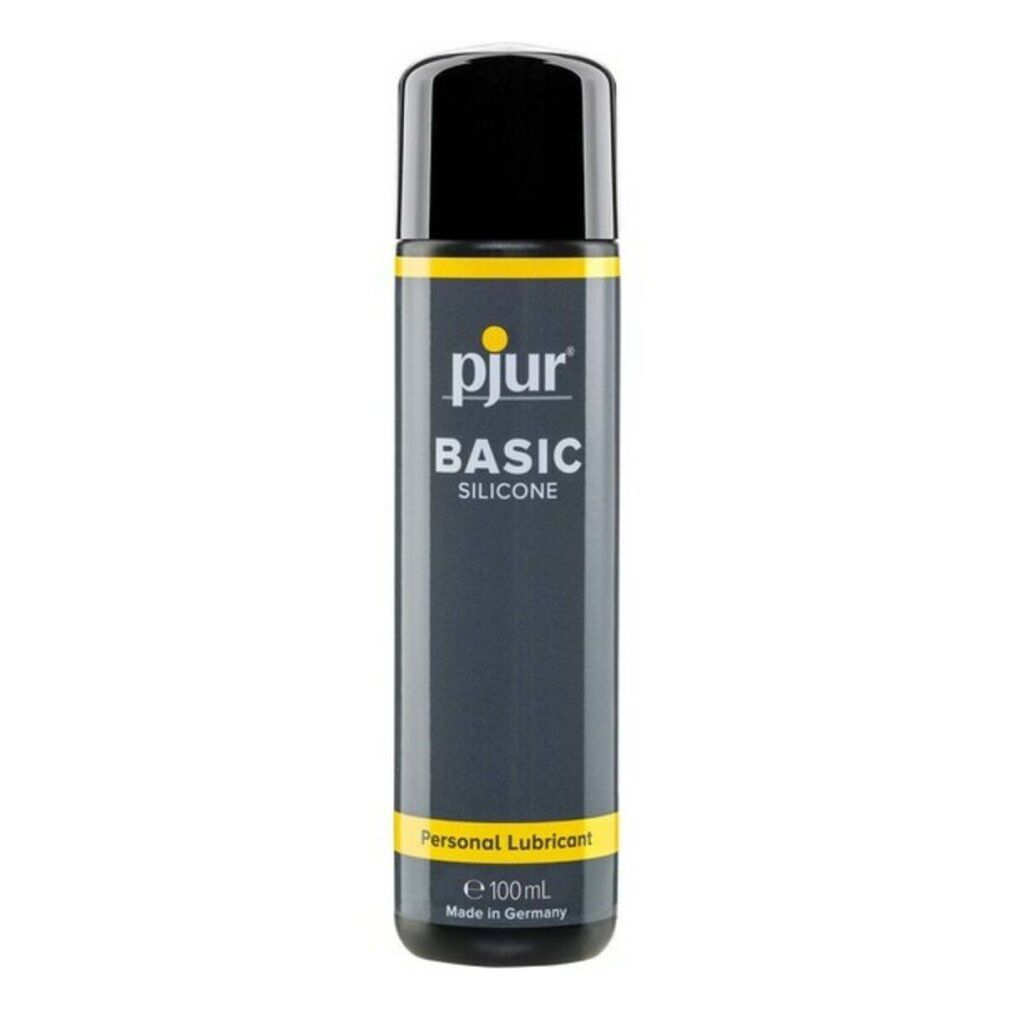 Flacone cilindrico con tappo nero. Accenti gialli e nome del prodotto. Scritta: pjur BASIC SILICONE PERSONAL LUBRICANT.