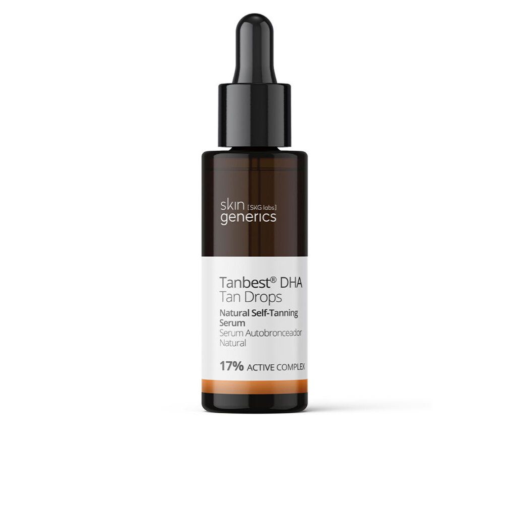 Flacone marrone con contagocce nero. Scritta: Tanbest DHA Tan Drops, Natural Self-Tanning Serum, 17% Active Complex.