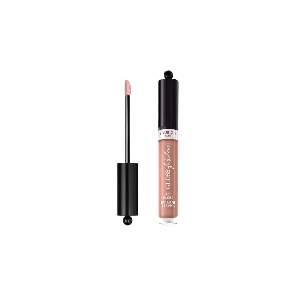 Bourjois Gloss Fabuleux, tonalità 05. Tubo con applicatore. Nome del prodotto e marchio visibili. Applicatore accanto al tubo.