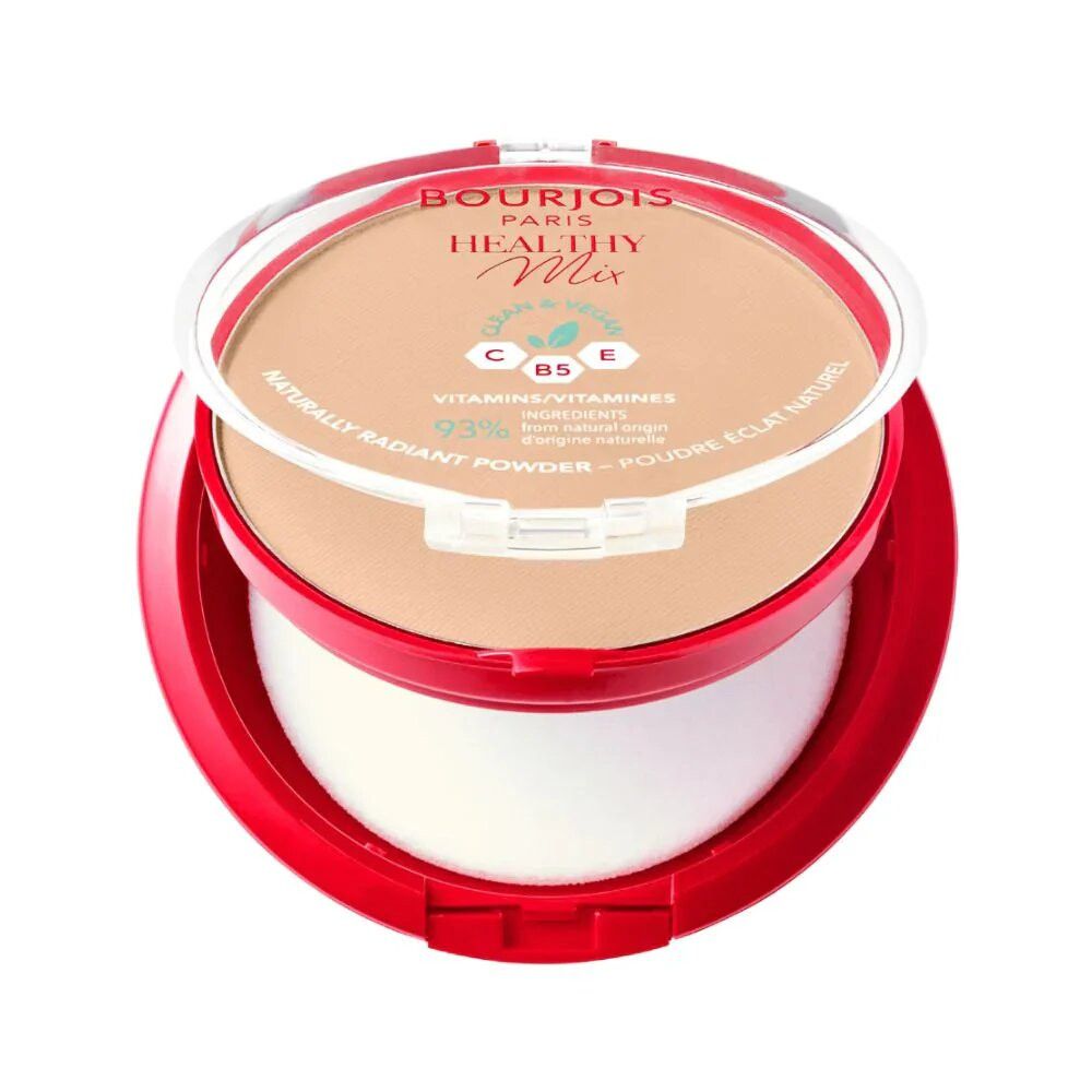 Contenitore rosso con polvere e spugnetta. Scritta: Bourjois Paris Healthy Mix. Coperchio aperto.