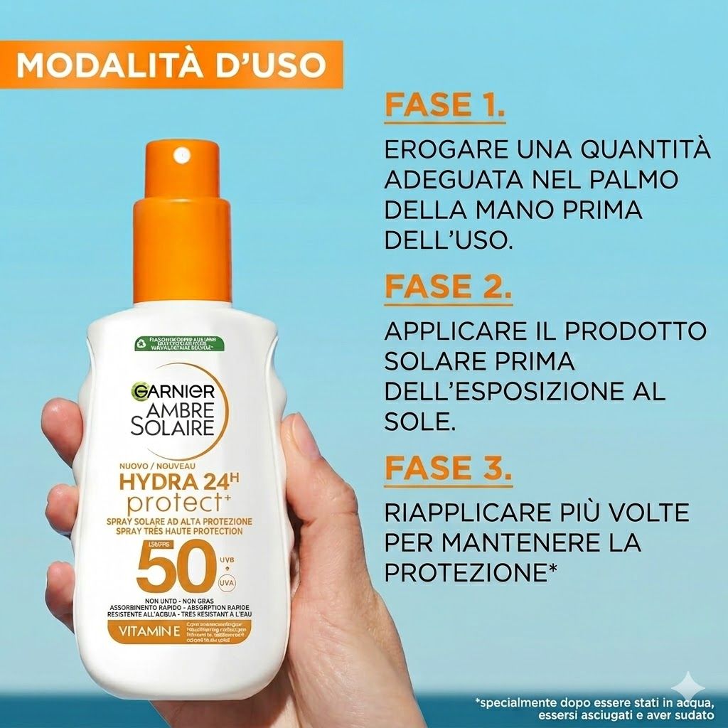 Spray solare Garnier Ambre Solaire Hydra Protect+. Primo piano sugli ingredienti: Glicerina, Burro di karité, Vitamina E. Testo: Scienza.