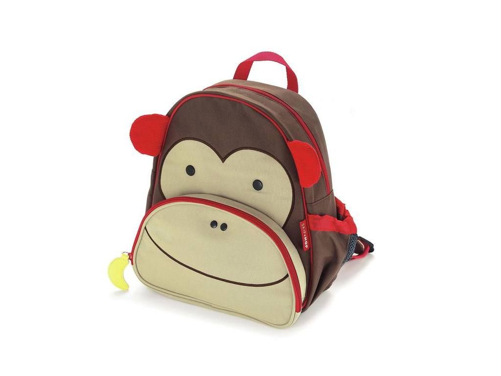 Zaino a forma di scimmia. Marrone, rosso e beige. Con orecchie, occhi e bocca. Cerniera e maniglia.