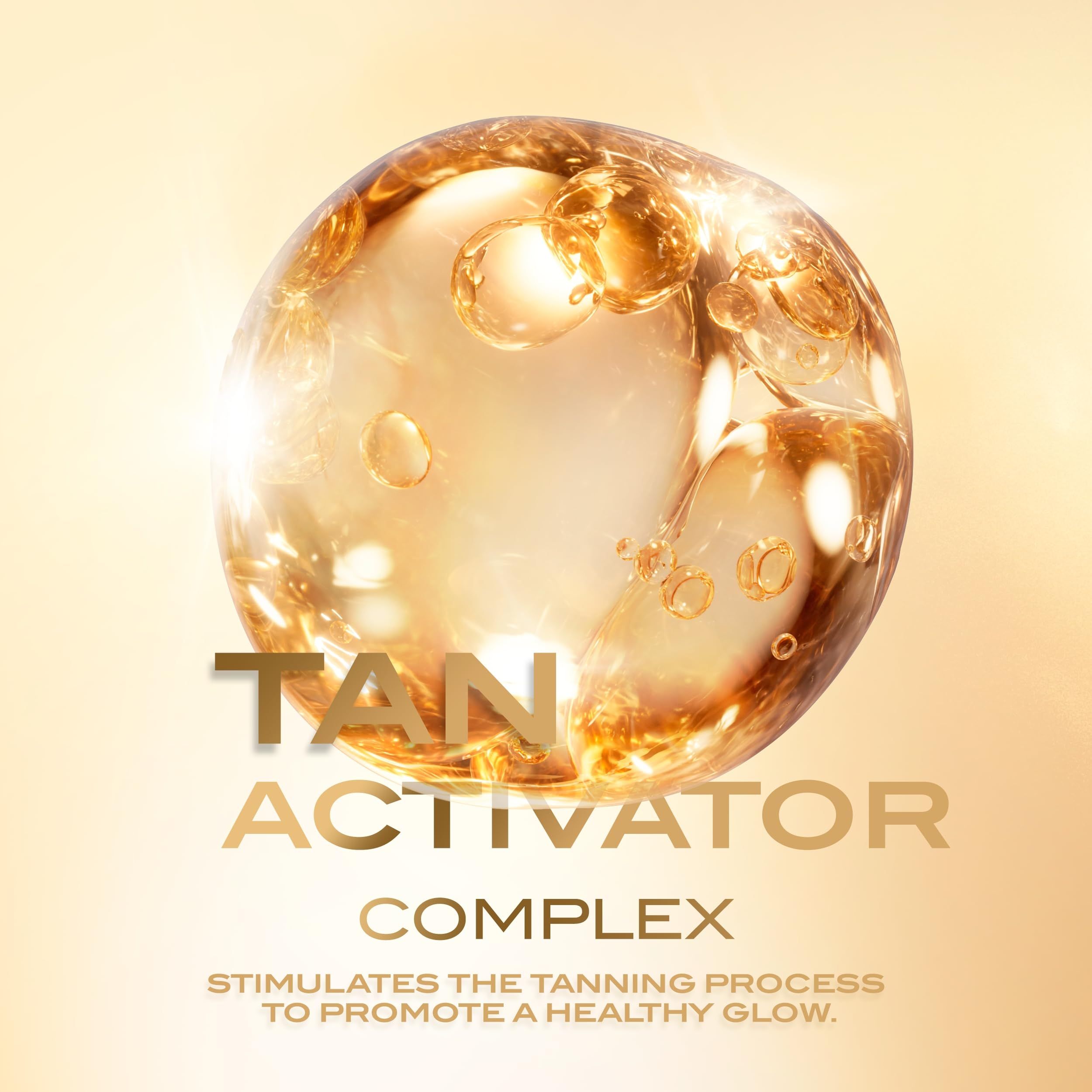 Sfera dorata con testo "TAN ACTIVATOR COMPLEX". Promuove un'abbronzatura sana.