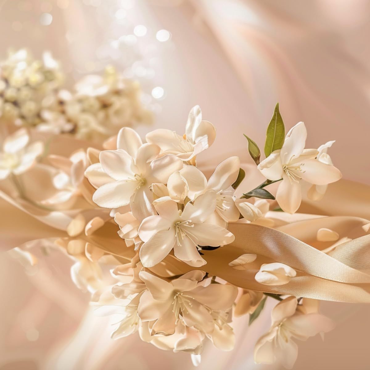 Fiori bianchi su tessuto dorato. Petali e foglie visibili. Sfondo sfocato.