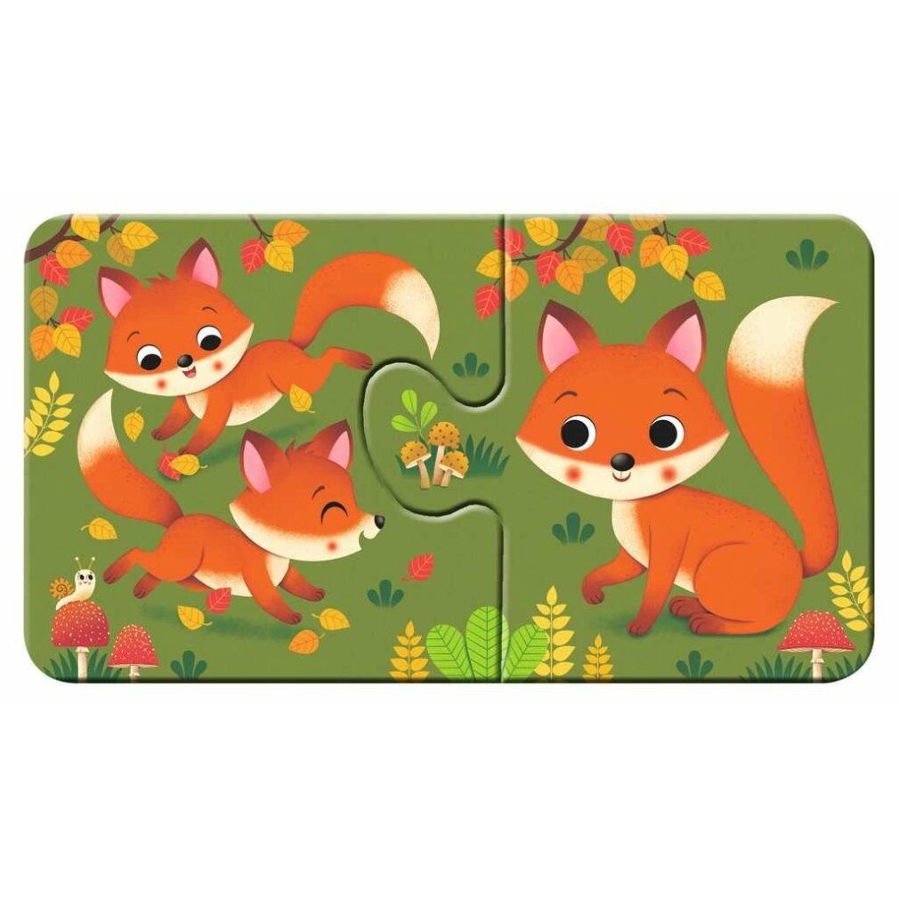 Puzzle con 3 volpi. Sfondo verde-giallo. 2 pezzi. Età: 2+.