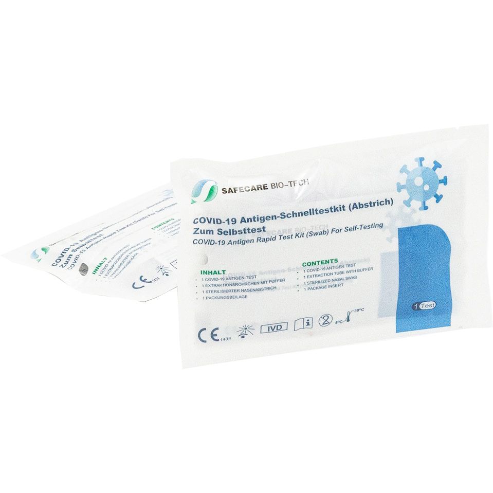 Due kit di test rapido dell'antigene Safecare Bio-Tech Covid-19. Confezione singola con test, provetta, tampone e foglietto illustrativo. CE 1434.