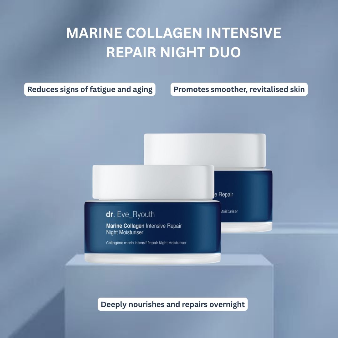 Due vasetti con coperchi bianchi e base blu scuro. Scritta: Dr. Eve_Ryouth, Marine Collagen Intensive Repair Night Moisturiser. Su piedistallo.