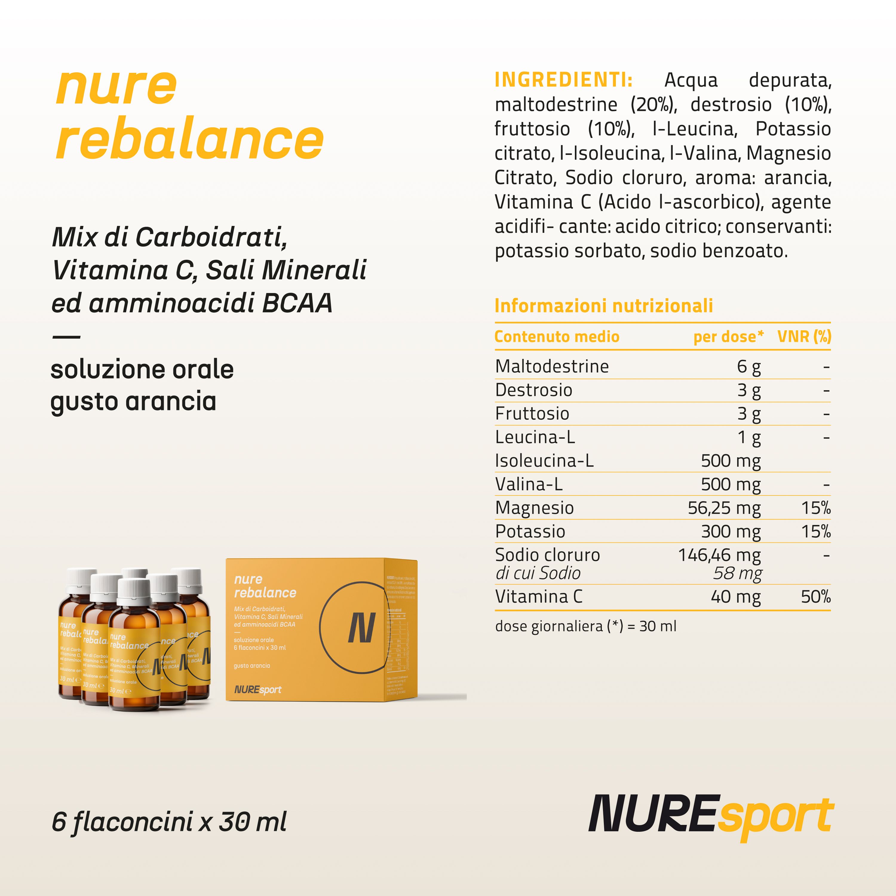 NURE ReBalance - 6 Flaconcini da 30 ml | Post workout, integratore magnesio, potassio