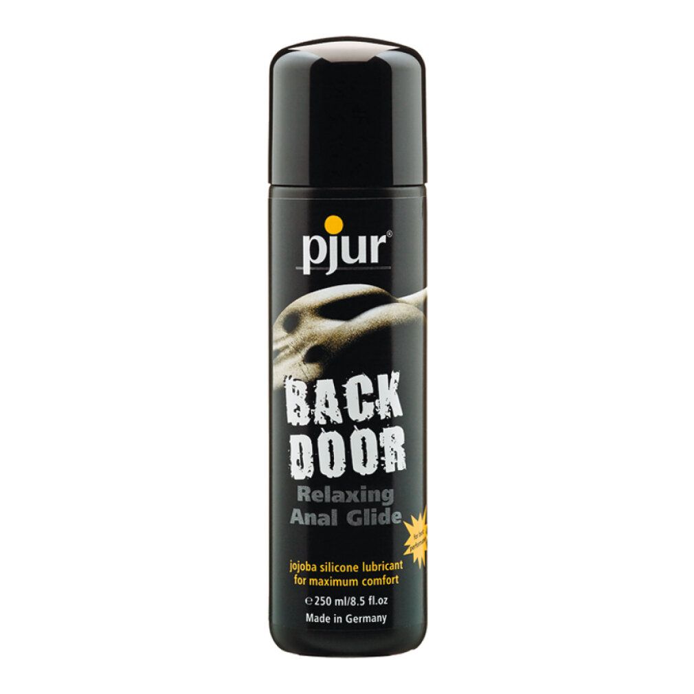 Flacone nero con tappo nero. Scritta: pjur, BACK DOOR, Relaxing Anal Glide. Contiene jojoba. Prodotto in Germania.