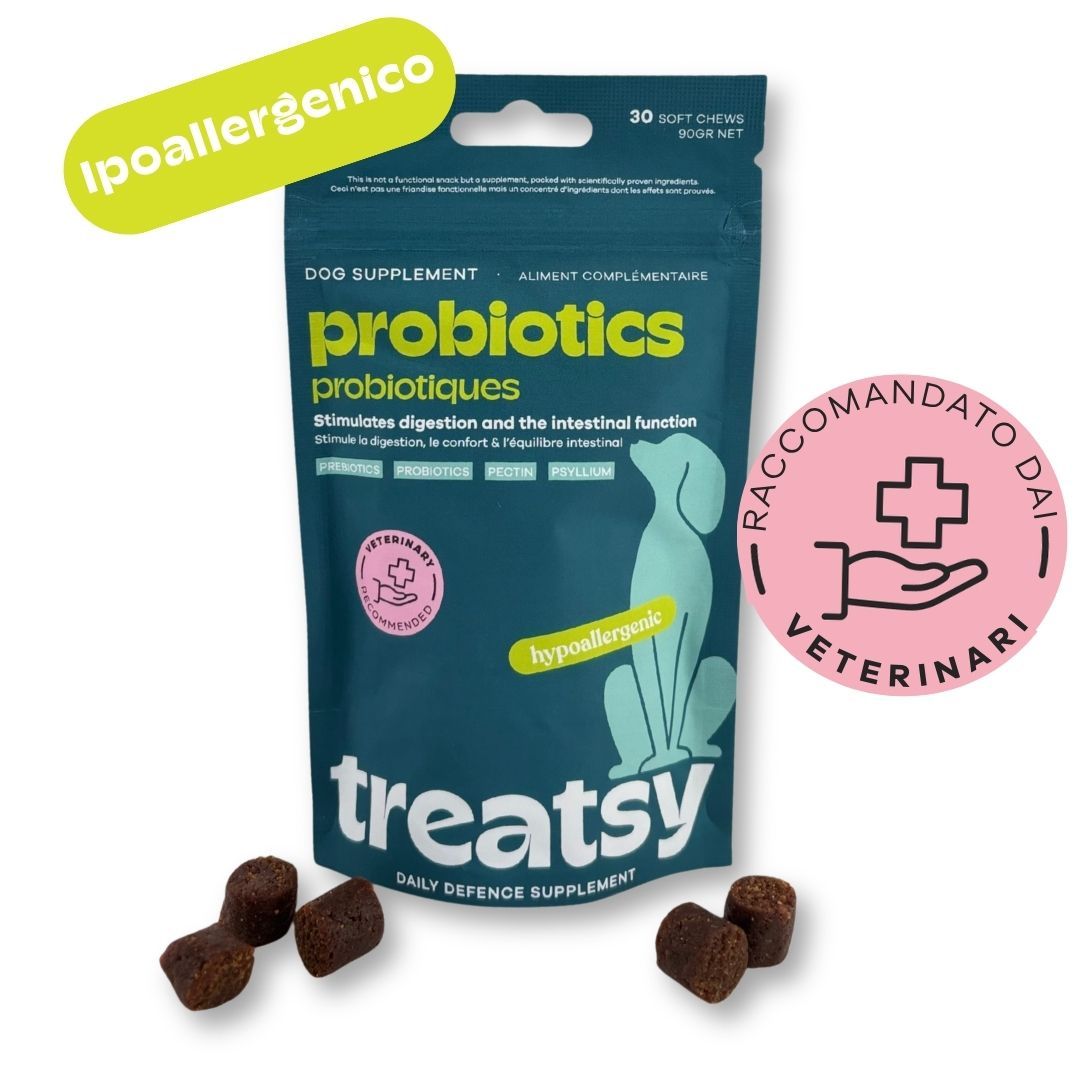 Integratore alimentare per cani: busta di probiotici, 30 morbidi masticabili. Ipoallergenico.