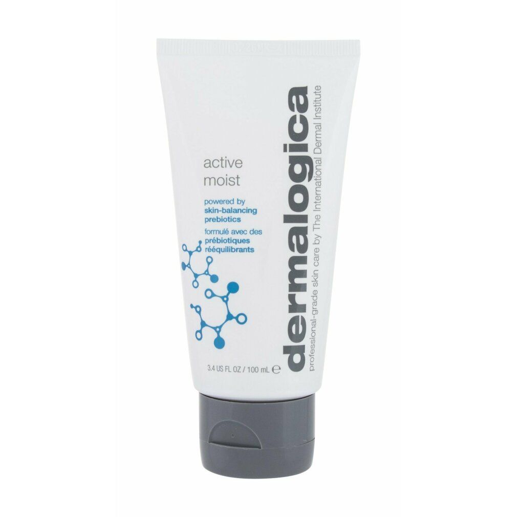 Tubo bianco con tappo grigio. Scritta "active moist" e "Dermalogica". Testo: "powered by skin-balancing prebiotics".