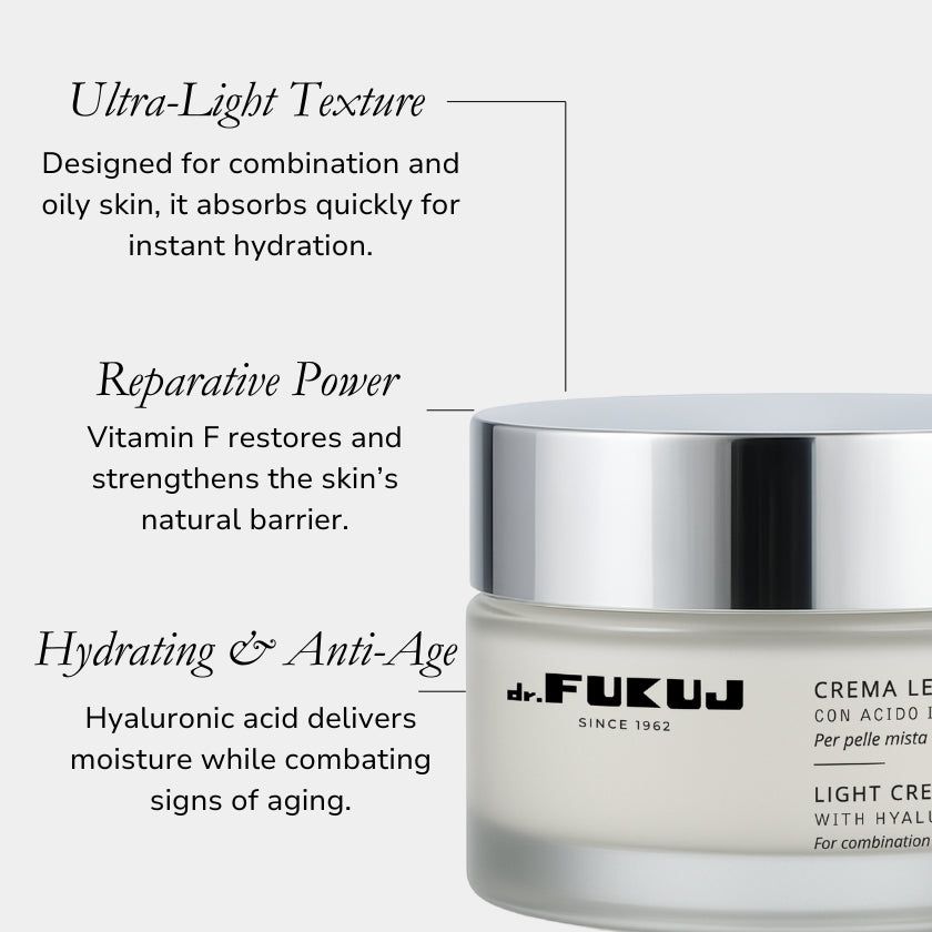 Primo piano di un vasetto di crema con testo. Testo: Texture ultra-leggera, Potere riparatore, Idratante e anti-età. Dr. Fukuj, Crema Leggera.