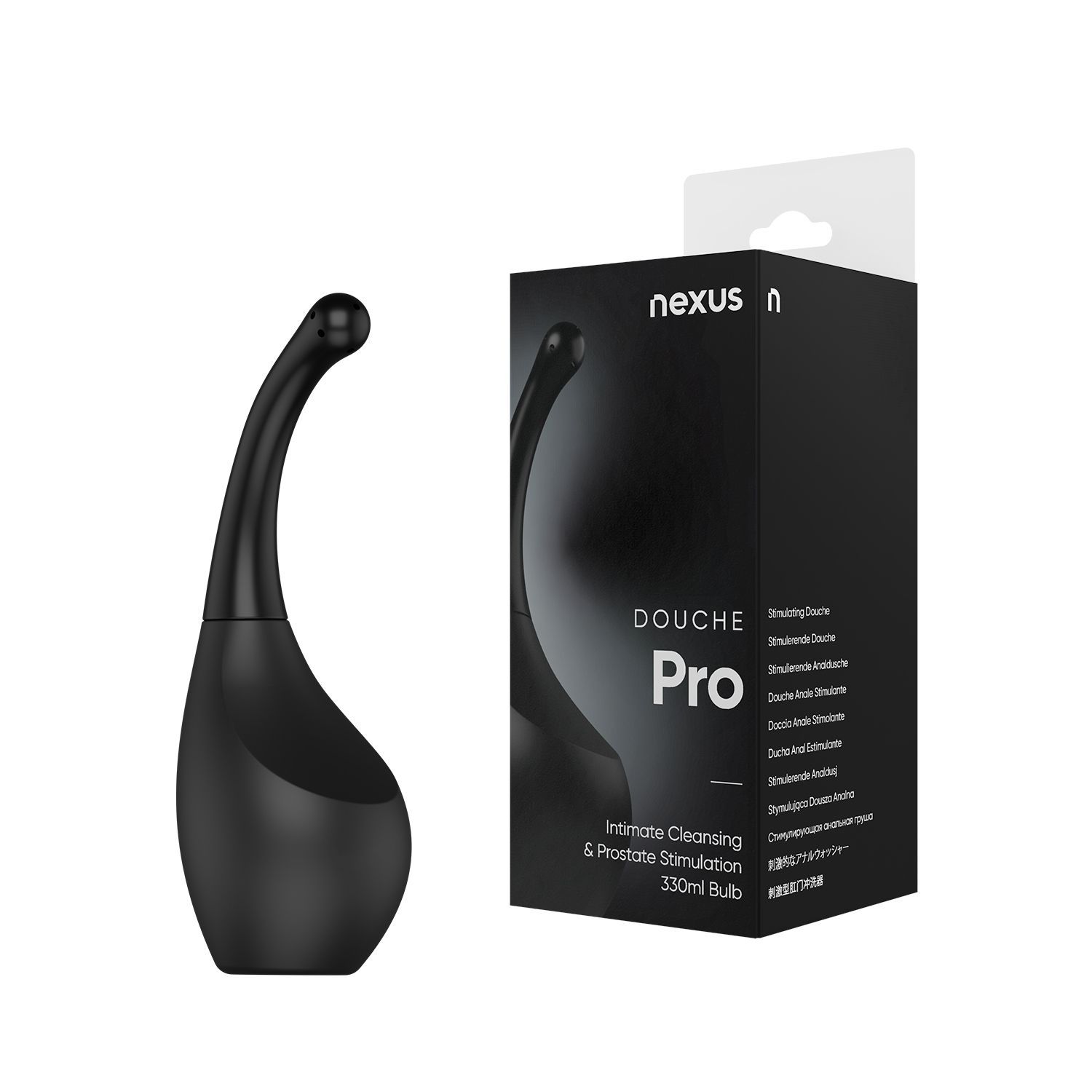 Nexus Douche Pro nero con confezione. La confezione mostra il prodotto e la scritta "Douche Pro".