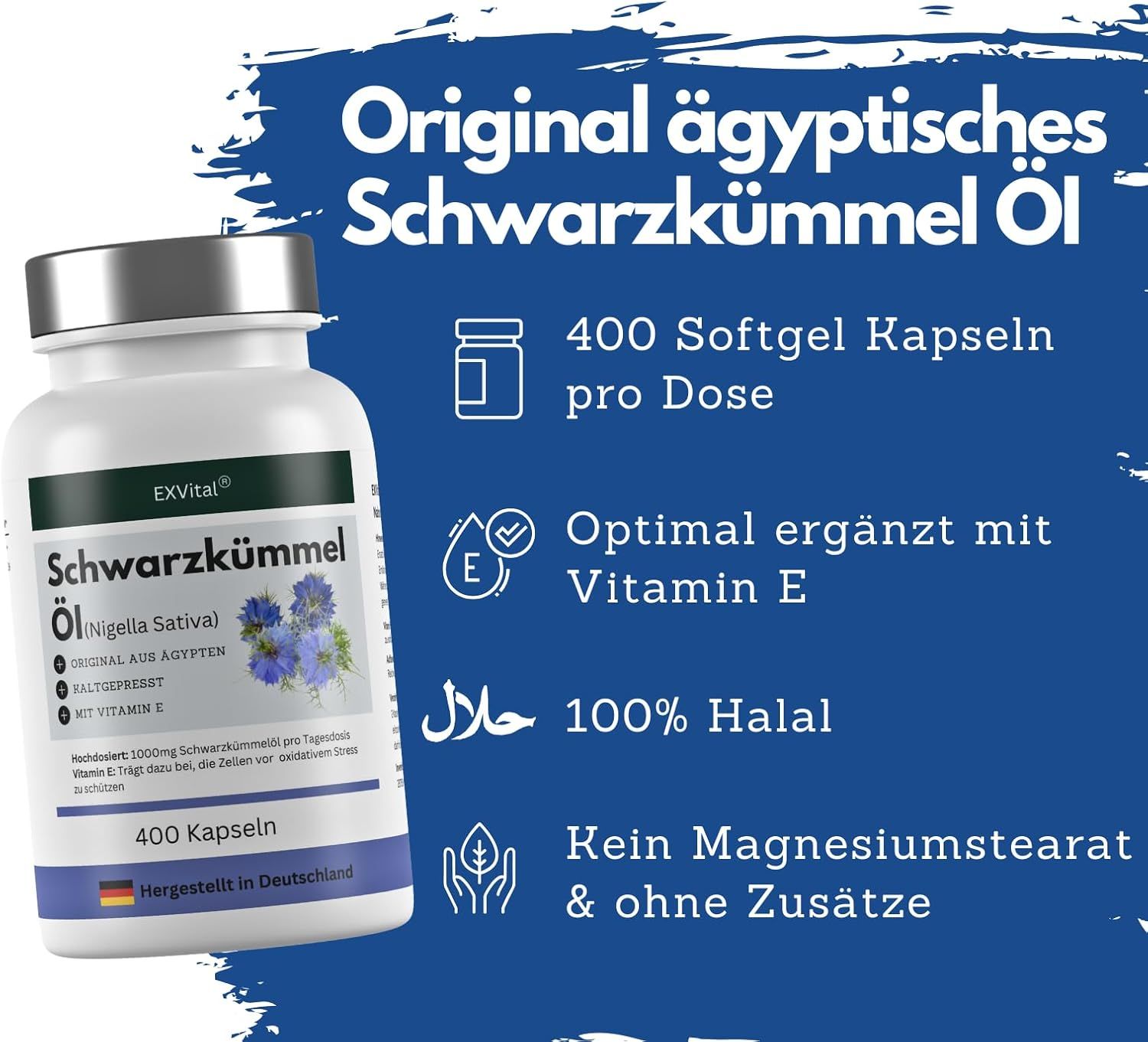 Flacone bianco con capsule di olio di cumino nero EXVital. Testo: 400 capsule molli per flacone, completato con vitamina E, 100% halal.