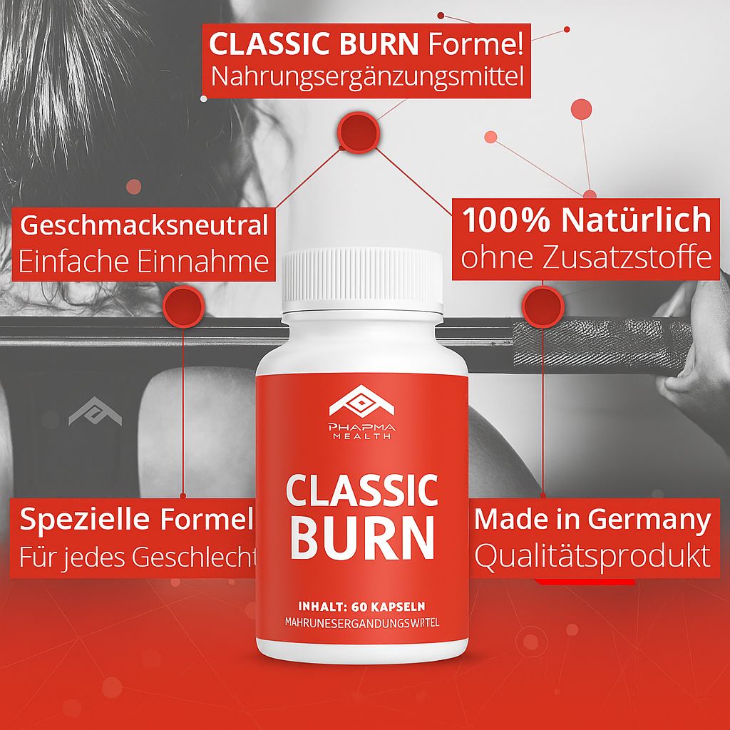 Flacone bianco con etichetta rossa. CLASSIC BURN, logo Pharma Health. Testo: Made in Germany, 100% naturale. Integratore alimentare.