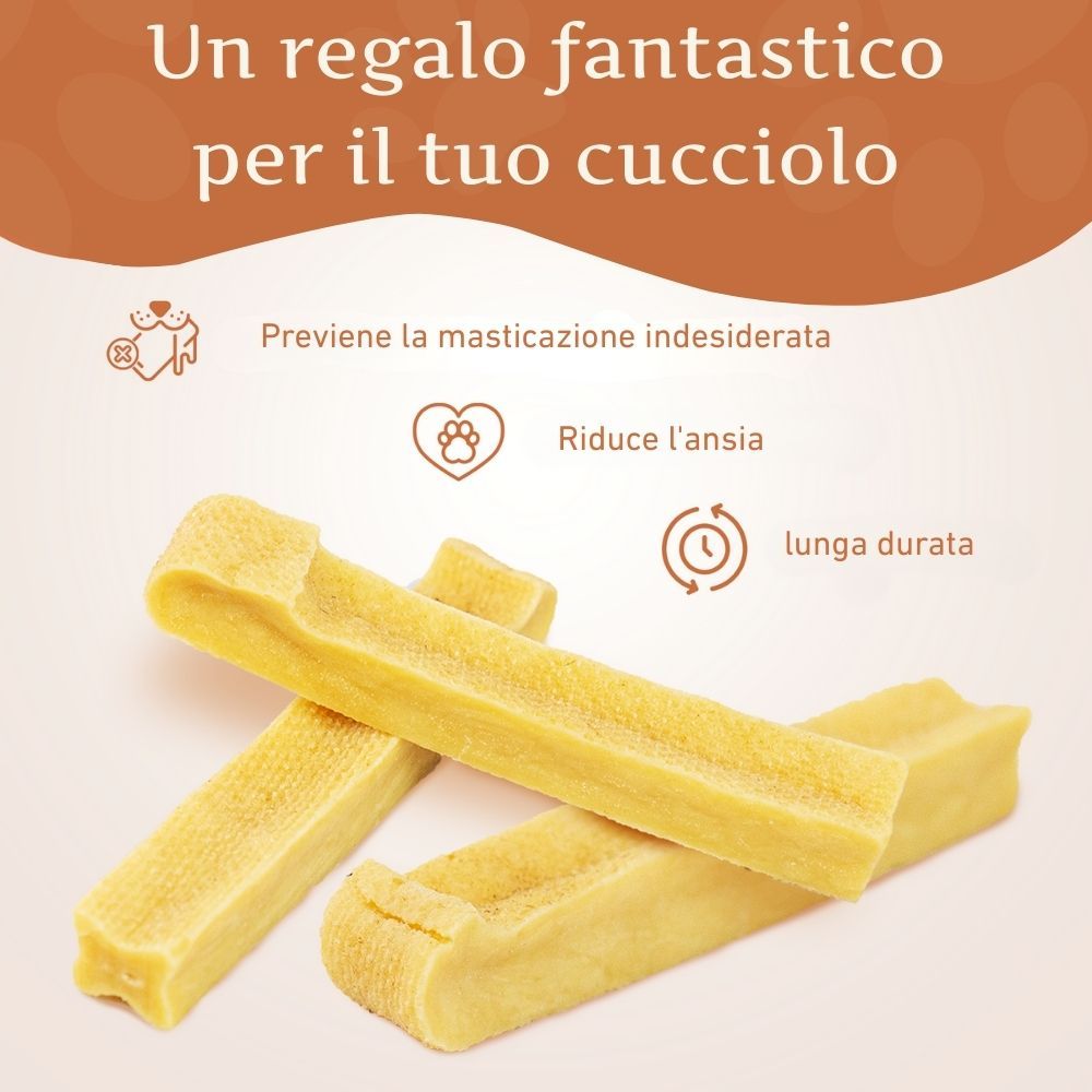 Tre bastoncini di formaggio duro. Testo: Un regalo fantastico per il tuo cucciolo. Previene la masticazione indesiderata. Riduce l'ansia. Lunga durata.