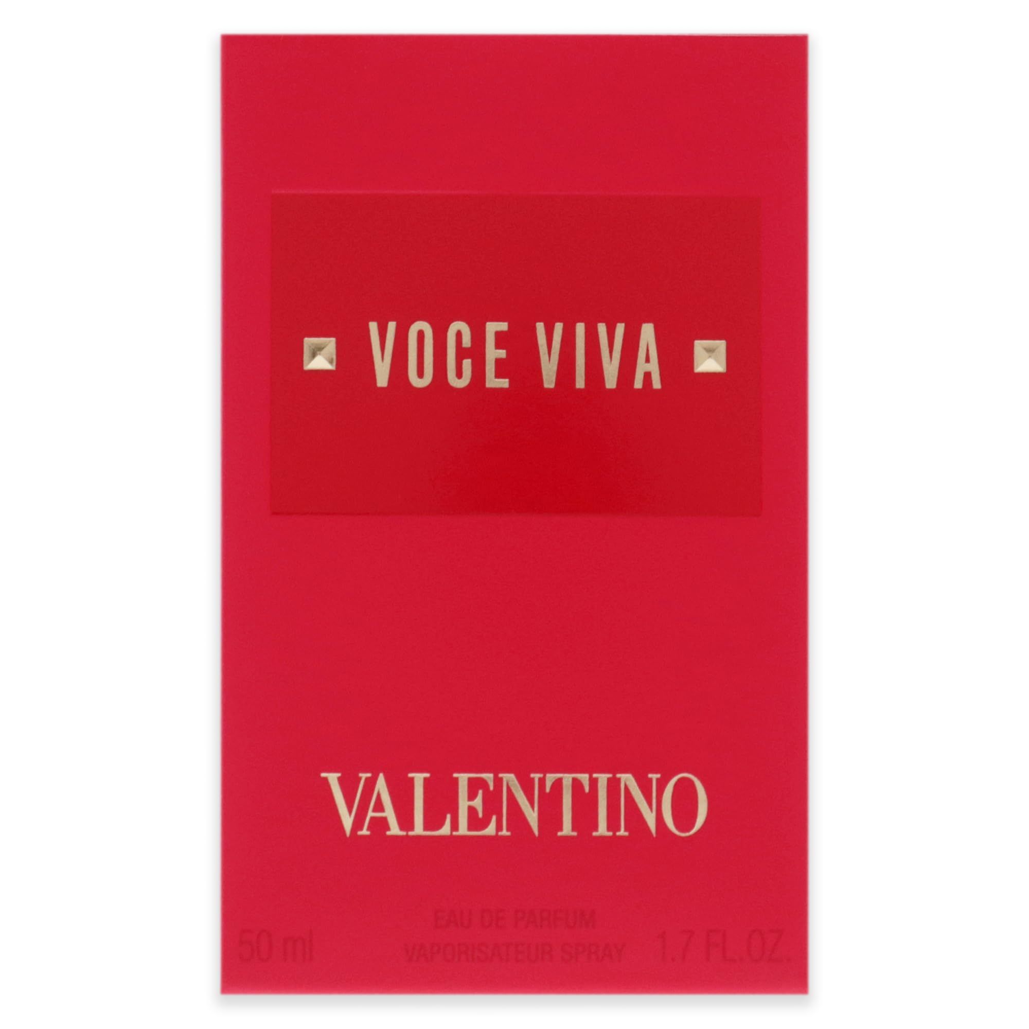 Confezione rossa con scritta dorata "VOICE VIVA" e "VALENTINO". 50 ml, 1.7 FL. OZ.