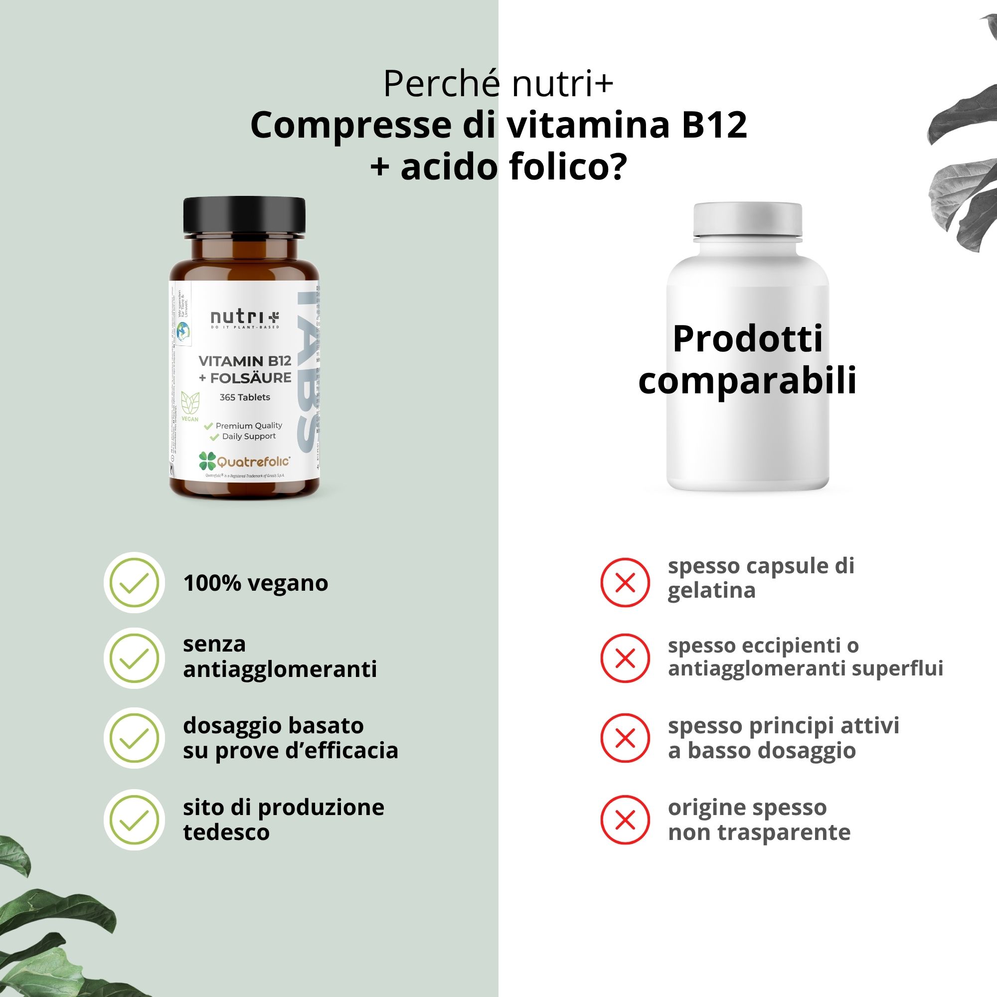 Confronto: "nutri+" Vitamina B12 + Acido folico vs. prodotti simili. Vantaggi: vegano, senza antiagglomeranti, dosato, produzione tedesca.