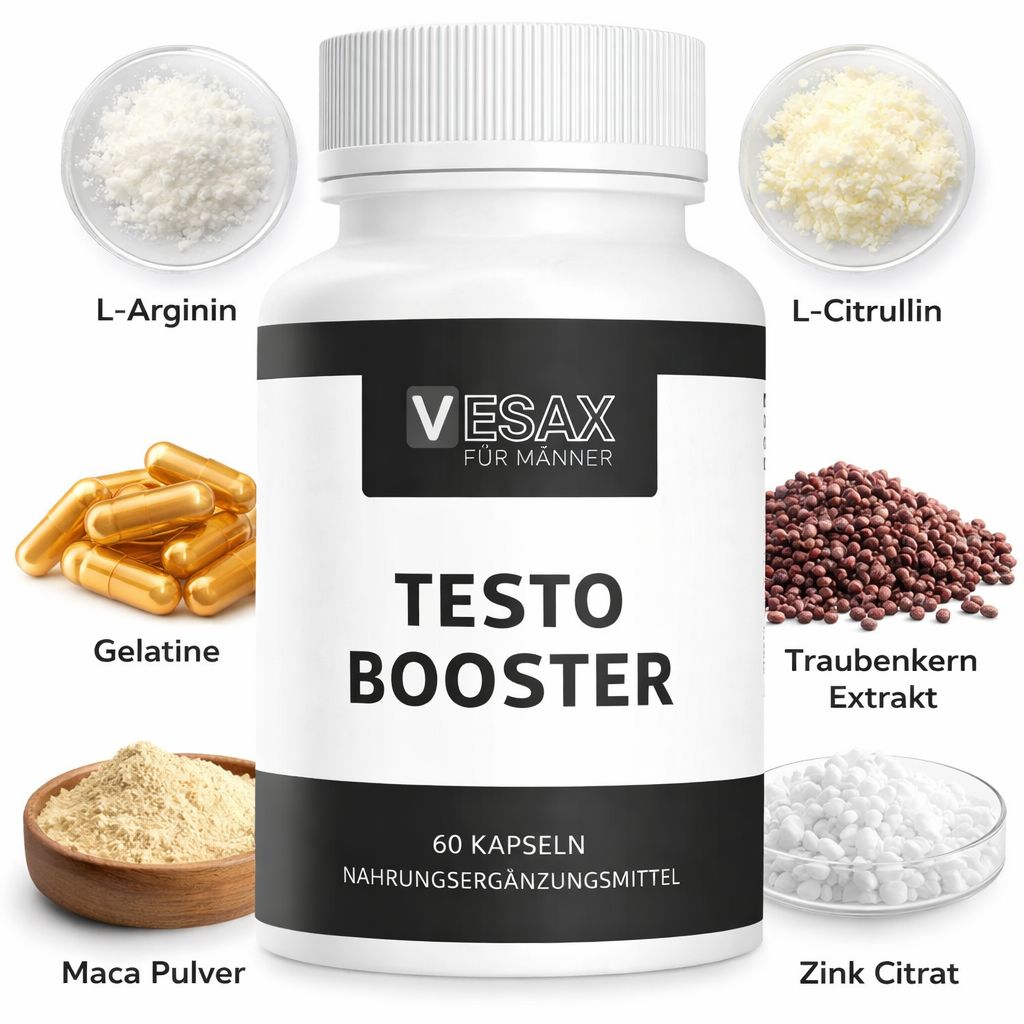 Barattolo Vesax Testo Booster circondato da ingredienti: L-Arginina, L-Citrullina, Gelatina, Maca, Estratto di semi d'uva, Zinco.