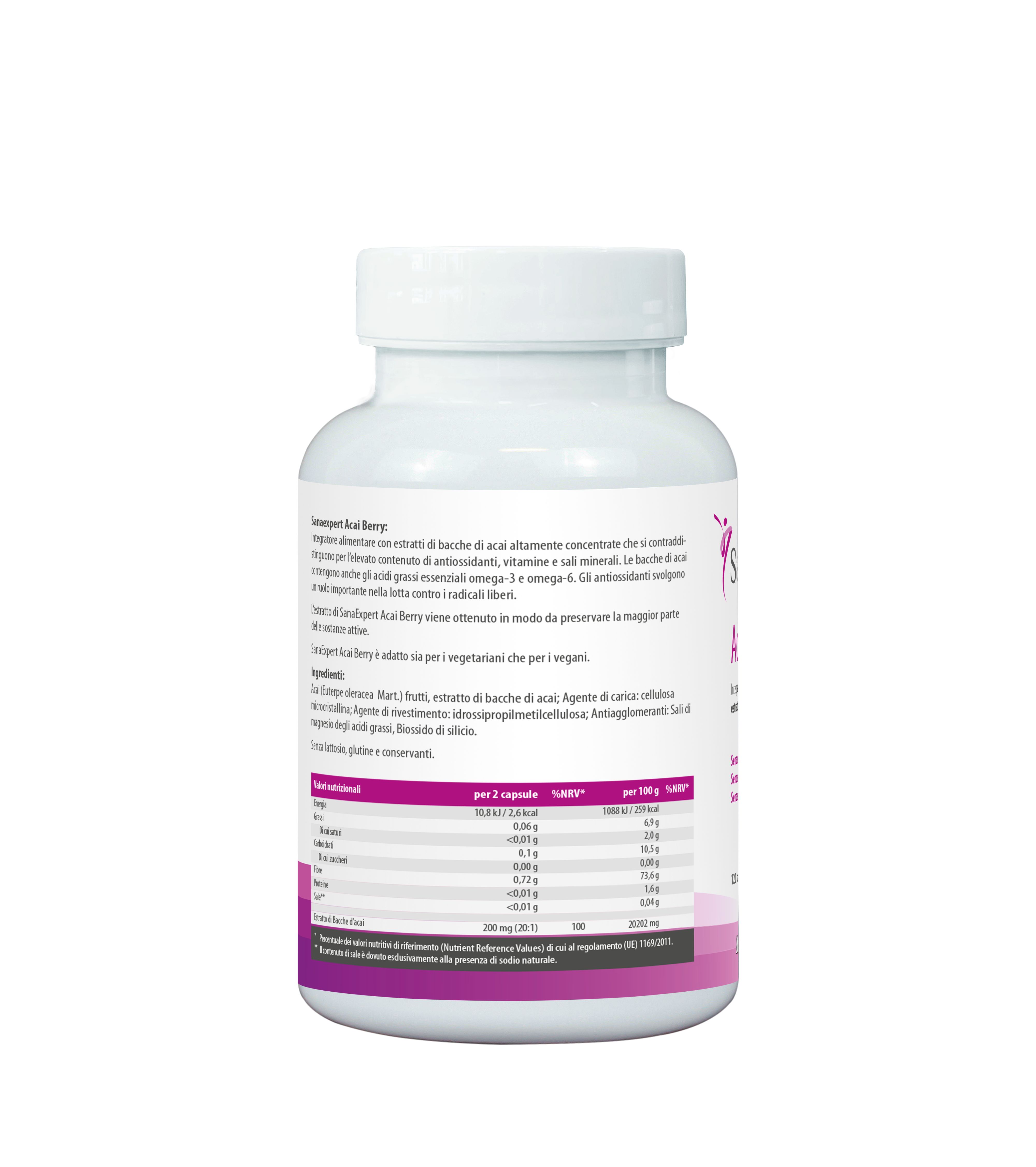 Retro di una bottiglia di Acai Berry. Contiene informazioni nutrizionali e istruzioni per l'uso.