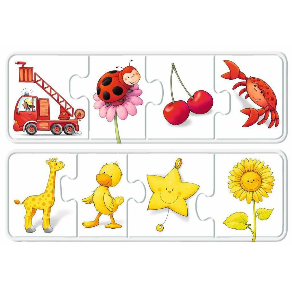Confezione puzzle Ravensburger. Scritta: my first COLOR puzzles, 6x4 pezzi. Illustrazioni: pompiere, coccinella, ciliegie, granchio, volpe, fiore, ecc.