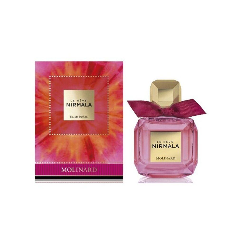 Flacone rosa con confezione. Scritta Le Rêve Nirmala, Molinard e Eau de Parfum.