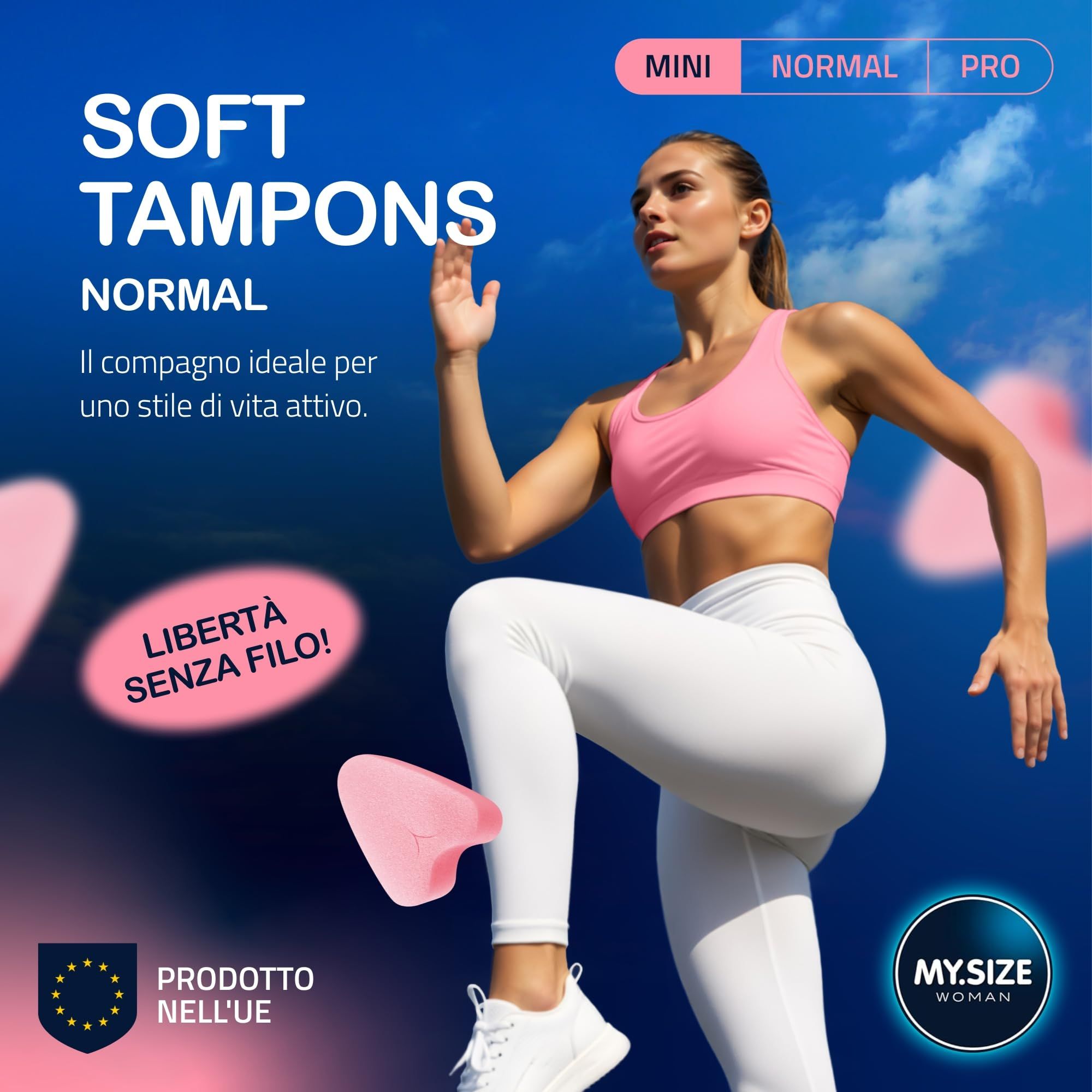 Donna che fa sport con MY.SIZE Woman Soft Tampons Mini. Immagini del prodotto e icone per nuoto, sport, spa, amore.
