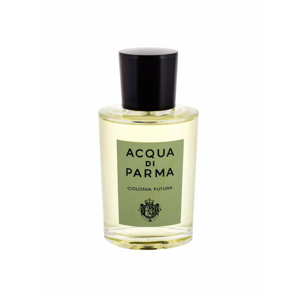 Flacone di profumo con tappo nero. Scritta: Acqua di Parma Colonia Futura. Etichetta verde con stemma.