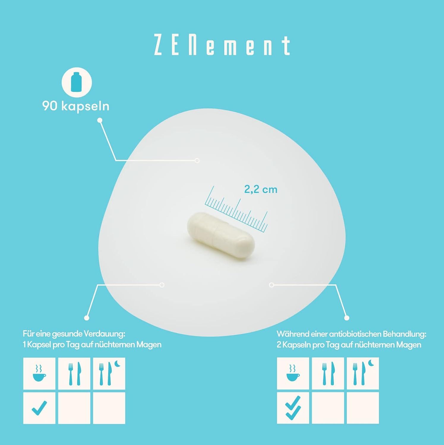 Una capsula, lunga 2,2 cm, su sfondo bianco. 90 capsule. Istruzioni per l'uso.