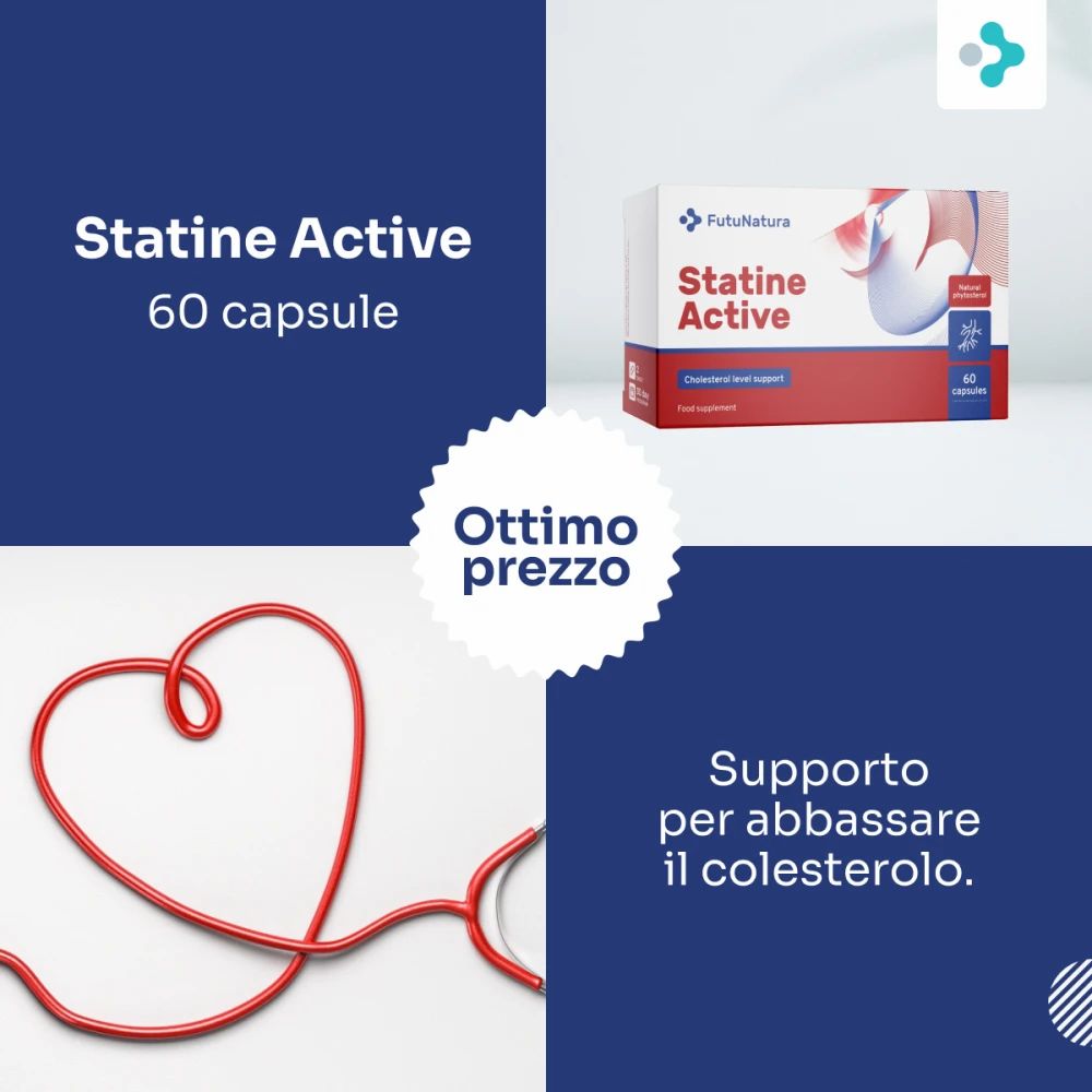 Pubblicità per Statine Active, 60 capsule. Contiene informazioni per abbassare il colesterolo. Forma di cuore e Top prezzo.