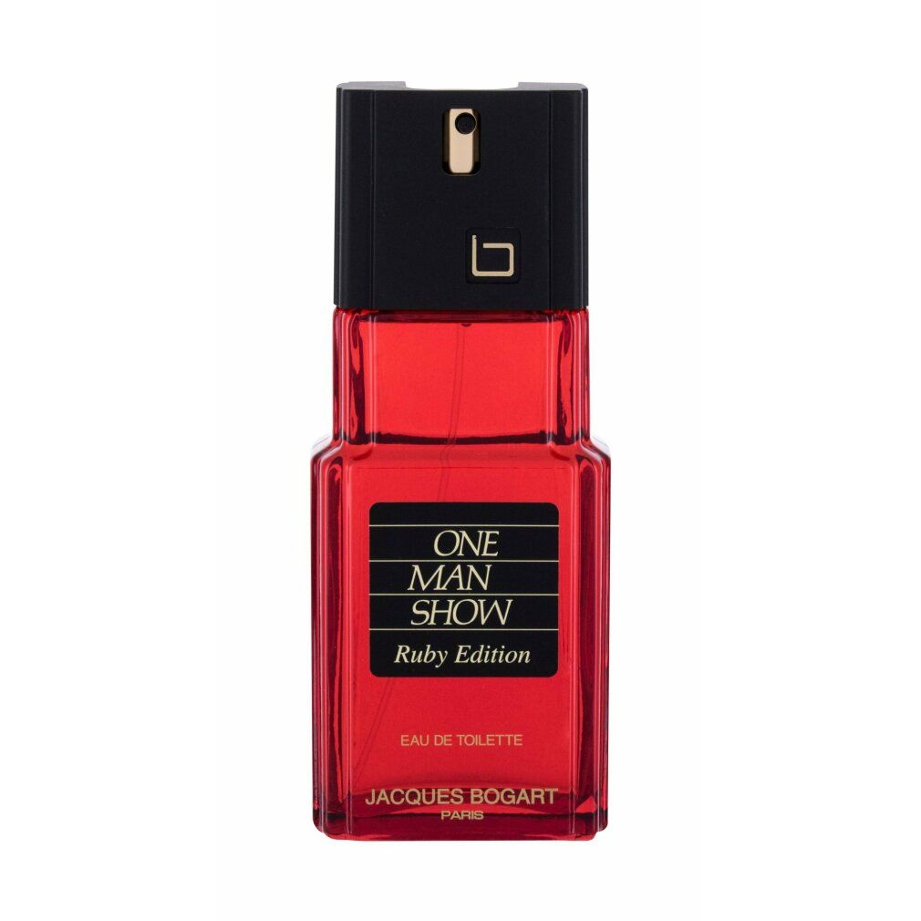 Flacone rosso con tappo nero. Scritta "ONE MAN SHOW Ruby Edition Eau de Toilette".