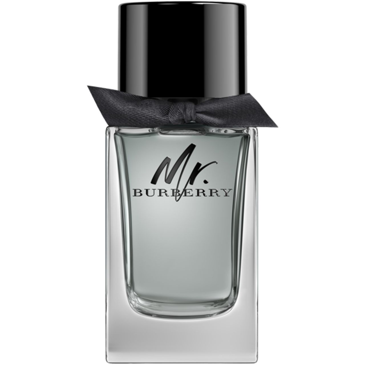 Flacone Mr. Burberry con tappo nero e fiocco. Scritta Mr. Burberry.