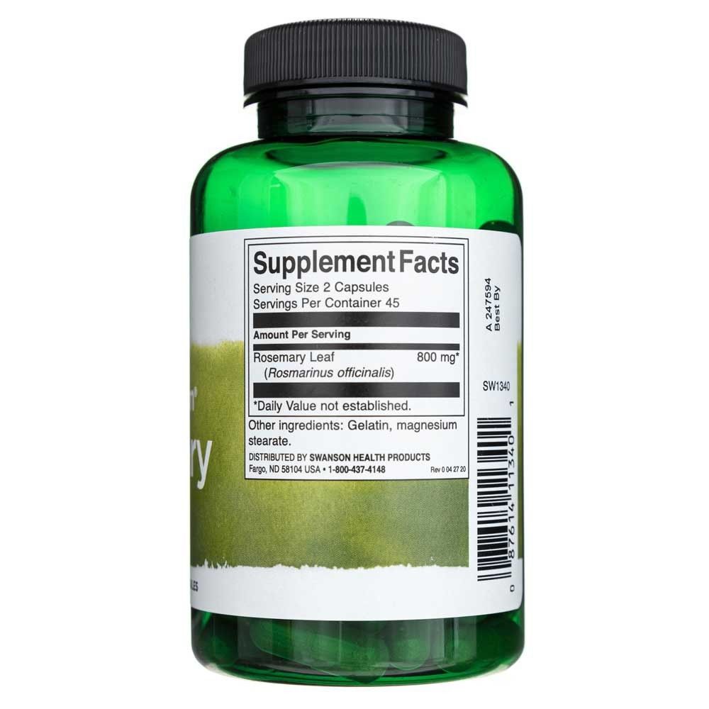 Retro di un flacone di capsule di rosmarino Swanson con informazioni nutrizionali.