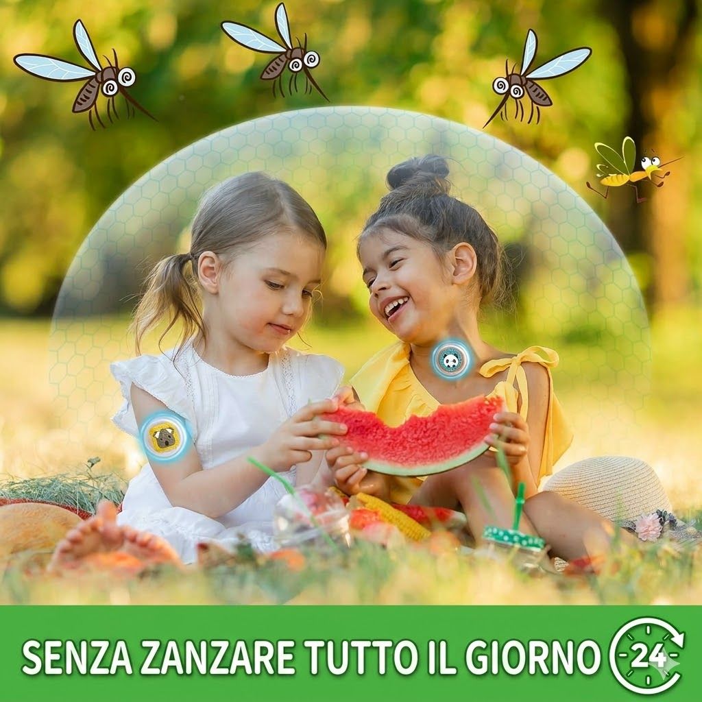 Due ragazze con cerotti antizanzare. Testo: "SENZA ZANZARE TUTTO IL GIORNO". Illustrazioni di zanzare.