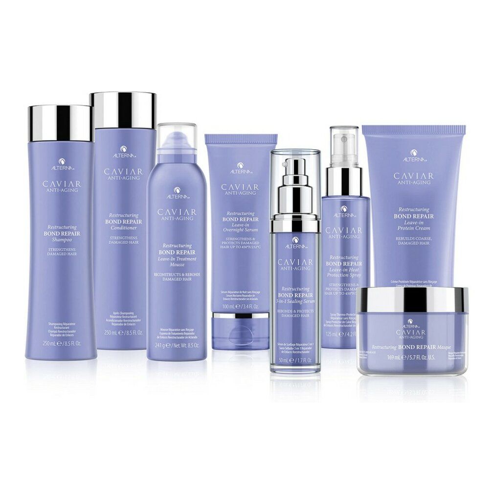 Gamma prodotti: flaconi, tubi, vasi. Confezione viola, tappi argento. Scritta: Alterna Caviar Anti-Aging, Restructuring Bond Repair.