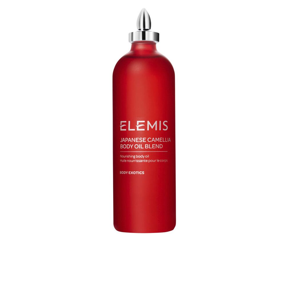 Flacone rosso con tappo argentato. Scritta: Elemis Japanese Camellia Body Oil Blend. Olio nutriente per il corpo.