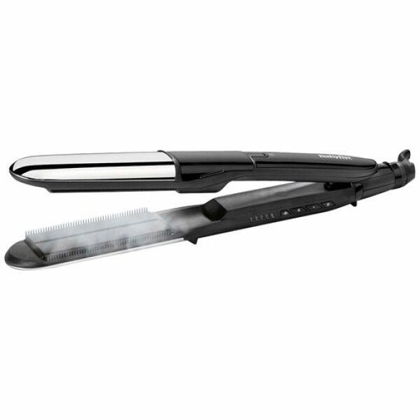 BaByliss Steam Shine Styler, nero. Piastra superiore lucida, piastra inferiore con pettine. Vapore visibile.