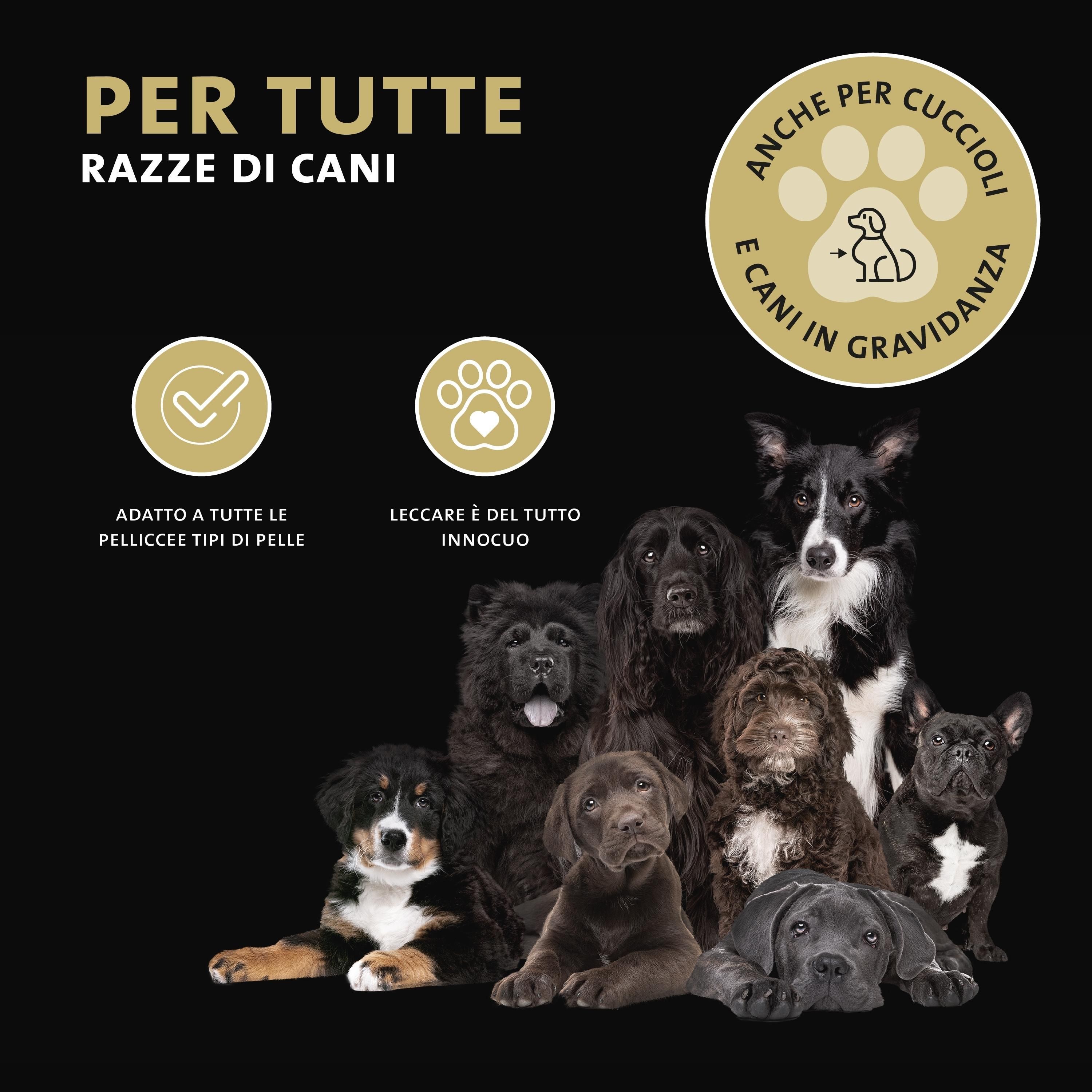 Illustrazione di cani di diverse razze. Testo: Per tutte le razze di cani, anche per cuccioli e cani in gravidanza.