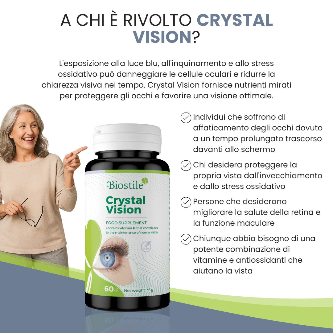 Donna indica flacone Biostile Crystal Vision. Testo: A chi è rivolto Crystal Vision? Informazioni e icone.