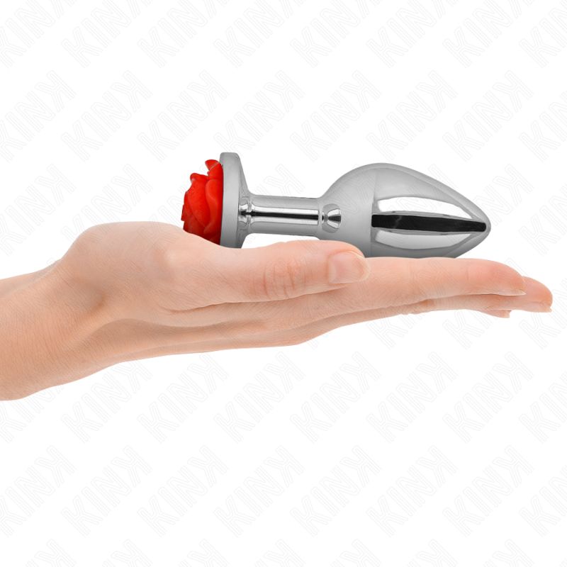 Mano che tiene un plug anale argentato con decoro a rosa rossa.